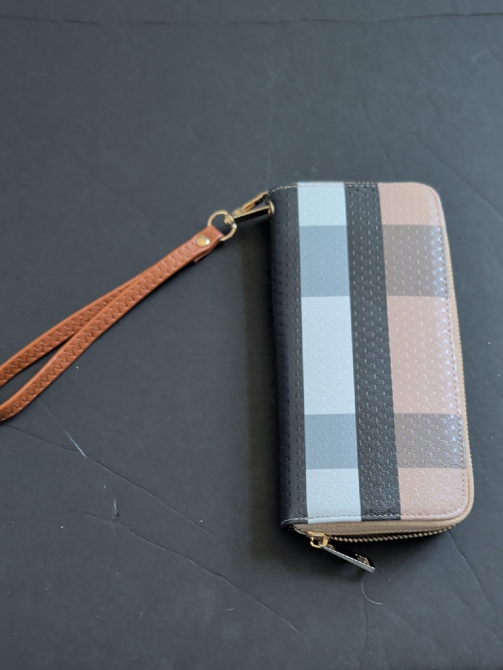 Plaid Zip Wristlet Wallet in Black, Light Blue & Taupe
